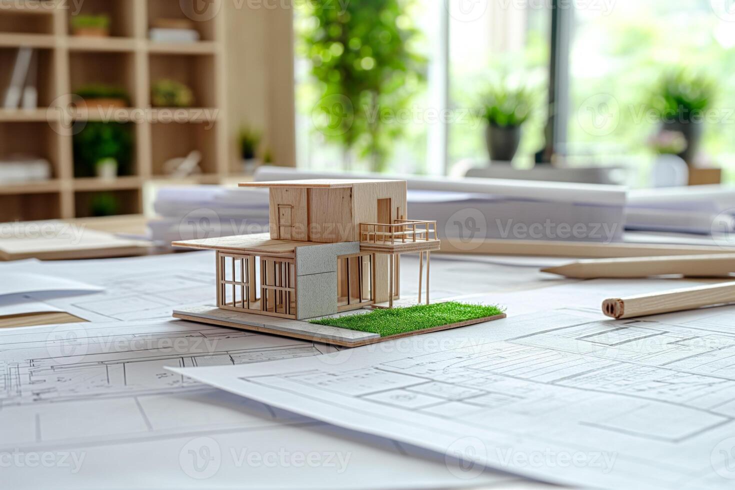 AI generated A well-organized scene showing architectural project drawings, with a miniature house model placed beside them, representing the translation of plans into a tangible structure, photo