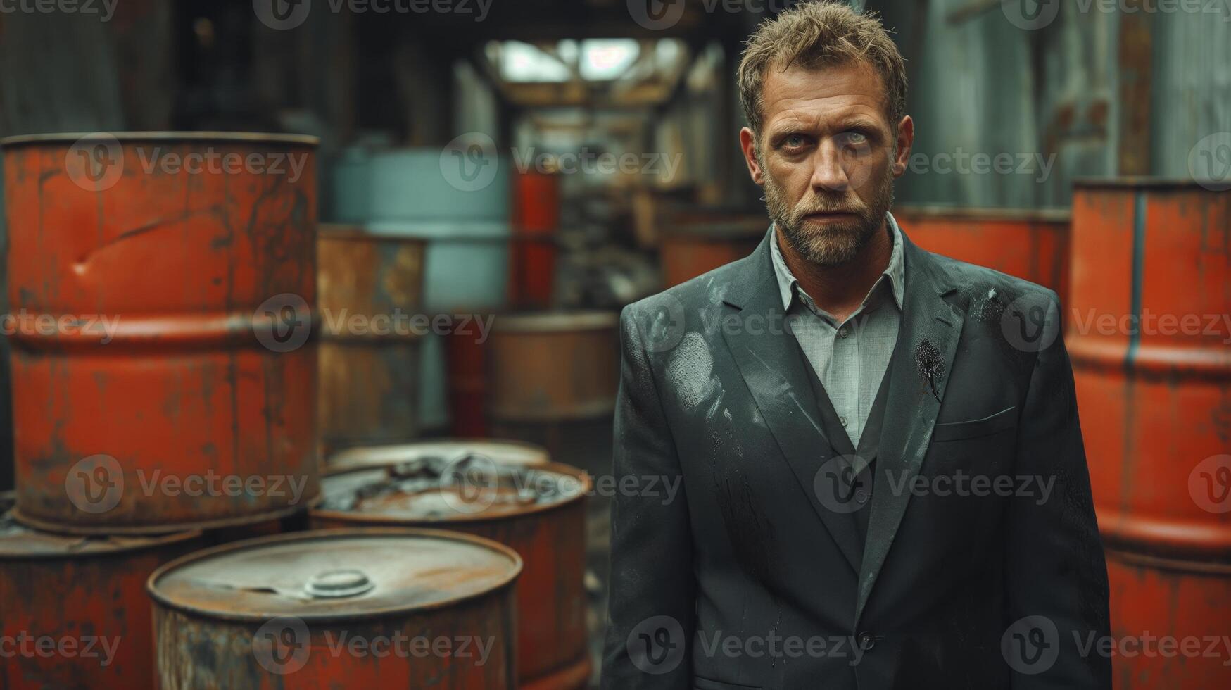 AI generated A businessman in a suit, standing in a industrial setting surrounded of dirty oil barrels. His expression is serious, reflecting the weight of a global energy crisis. photo