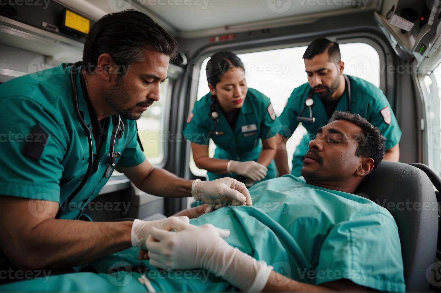 AI generated An ambulance with its doors open, with a gurney and a patient inside. There are three medical professionals attending to the patient. photo