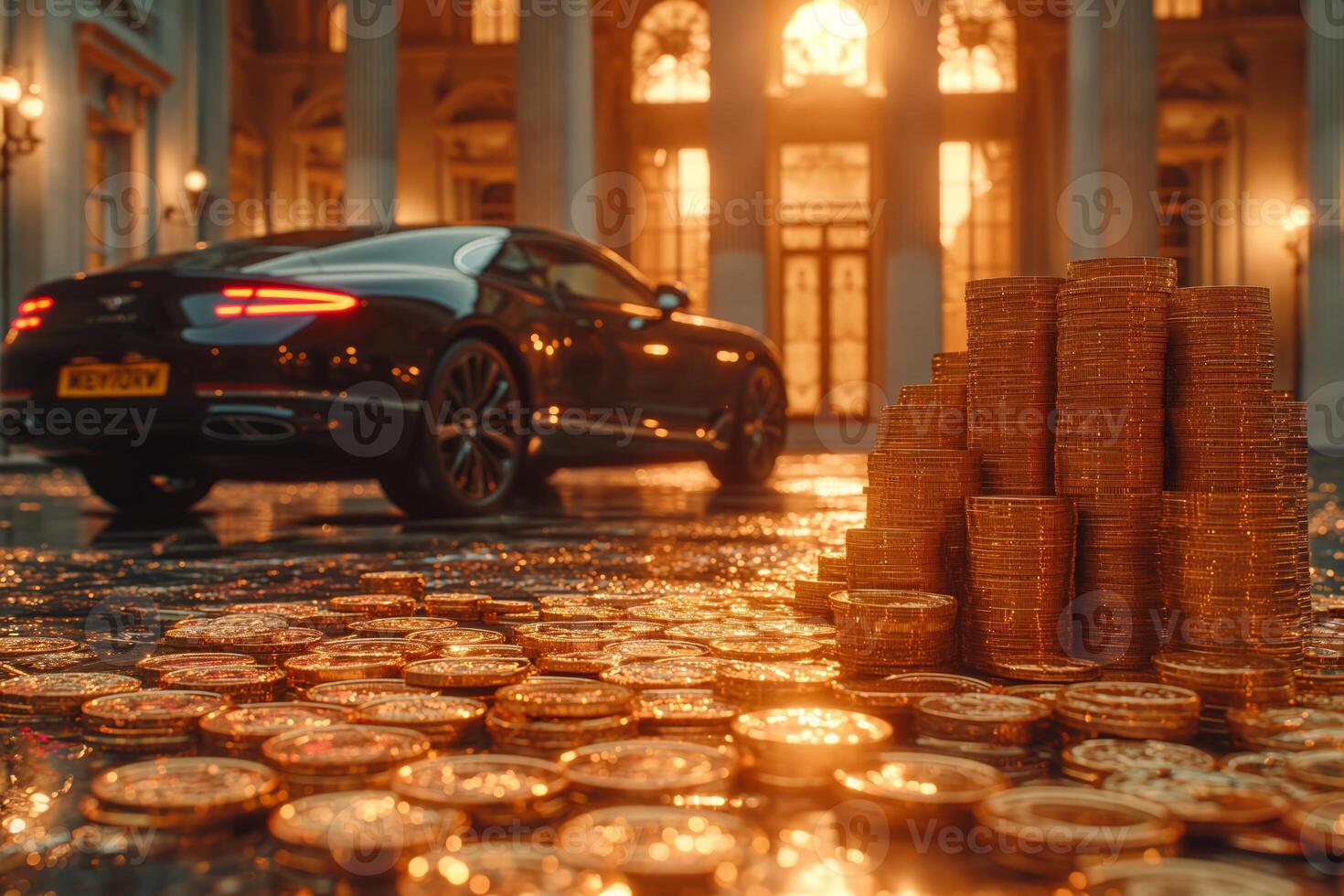 AI generated An featuring gradually ascending piles of coins, representing increasing wealth or investment success, with a high-end limousine car visible in the backdrop photo