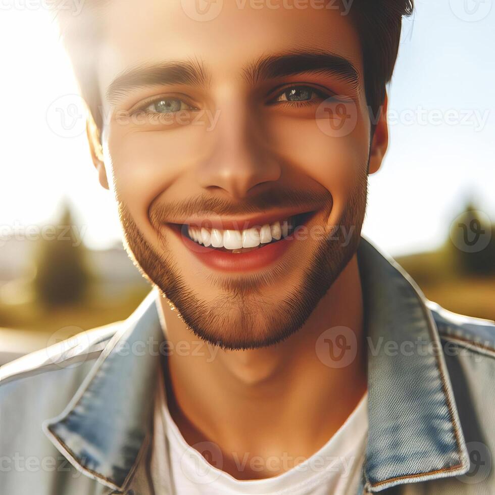 Image of the European young man, walking outside, smiling. People photo