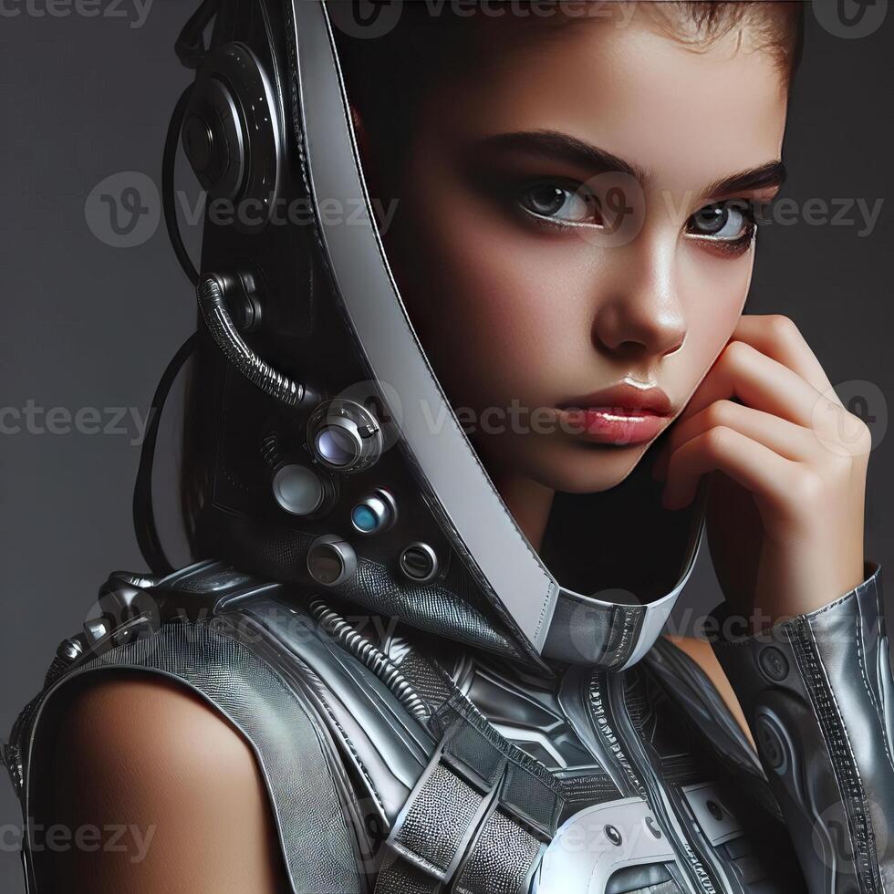 Concept image of the european teenage girl wearing futuristic astronaut outfit. Sci Fi photo