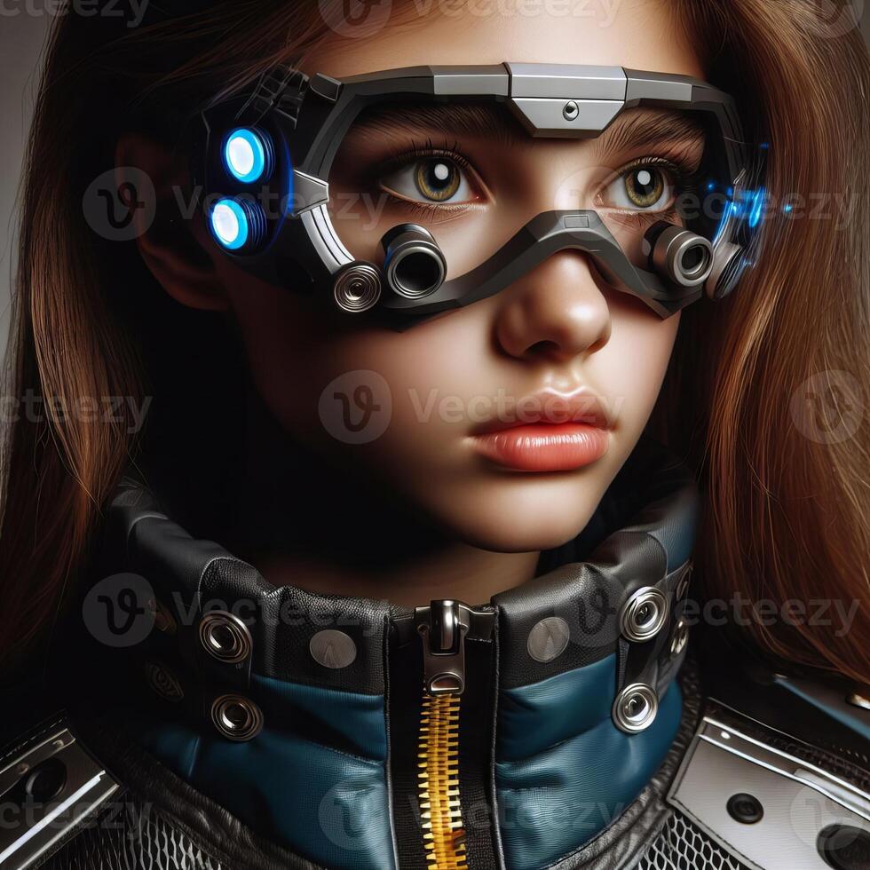 concepto imagen de el europeo Adolescente niña vistiendo futurista astronauta atuendo. ciencia fi foto