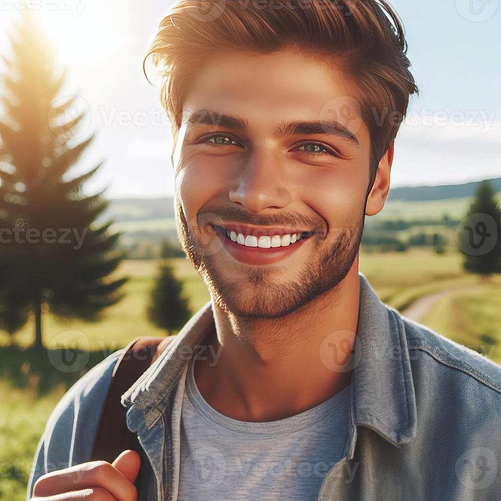 Image of the European young man, walking outside, smiling. People photo