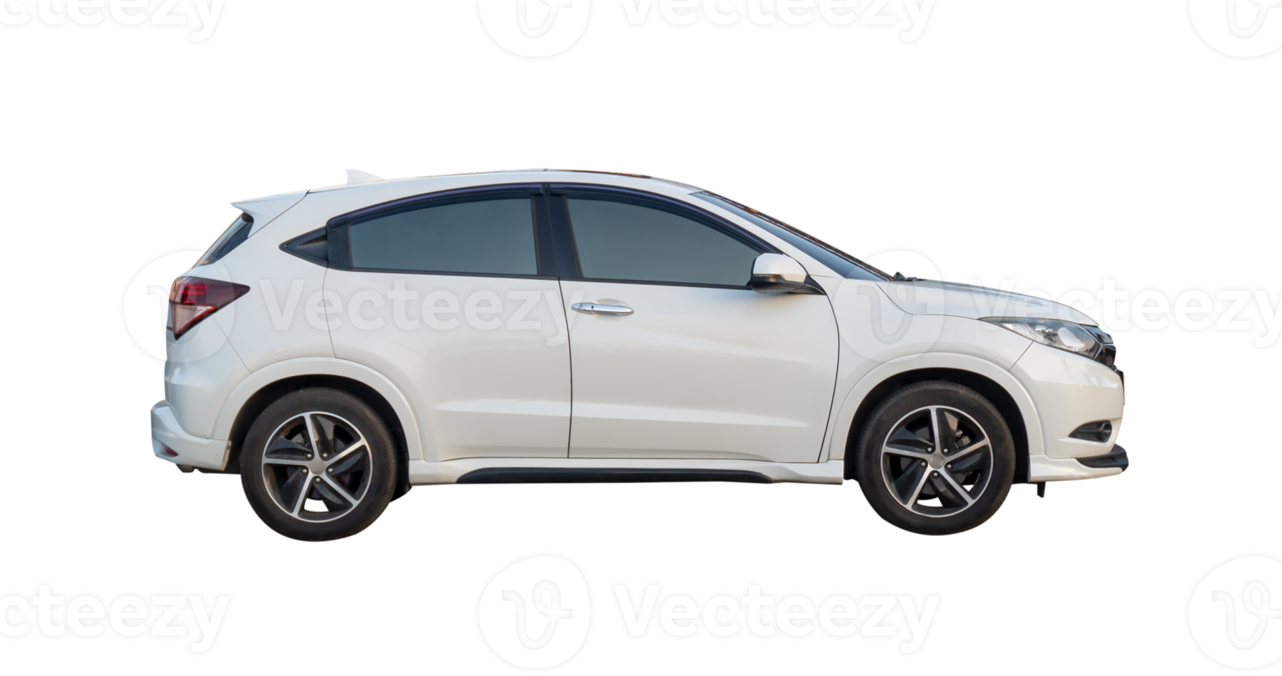 Side view of white hatchback car isolated with clipping path in png file format