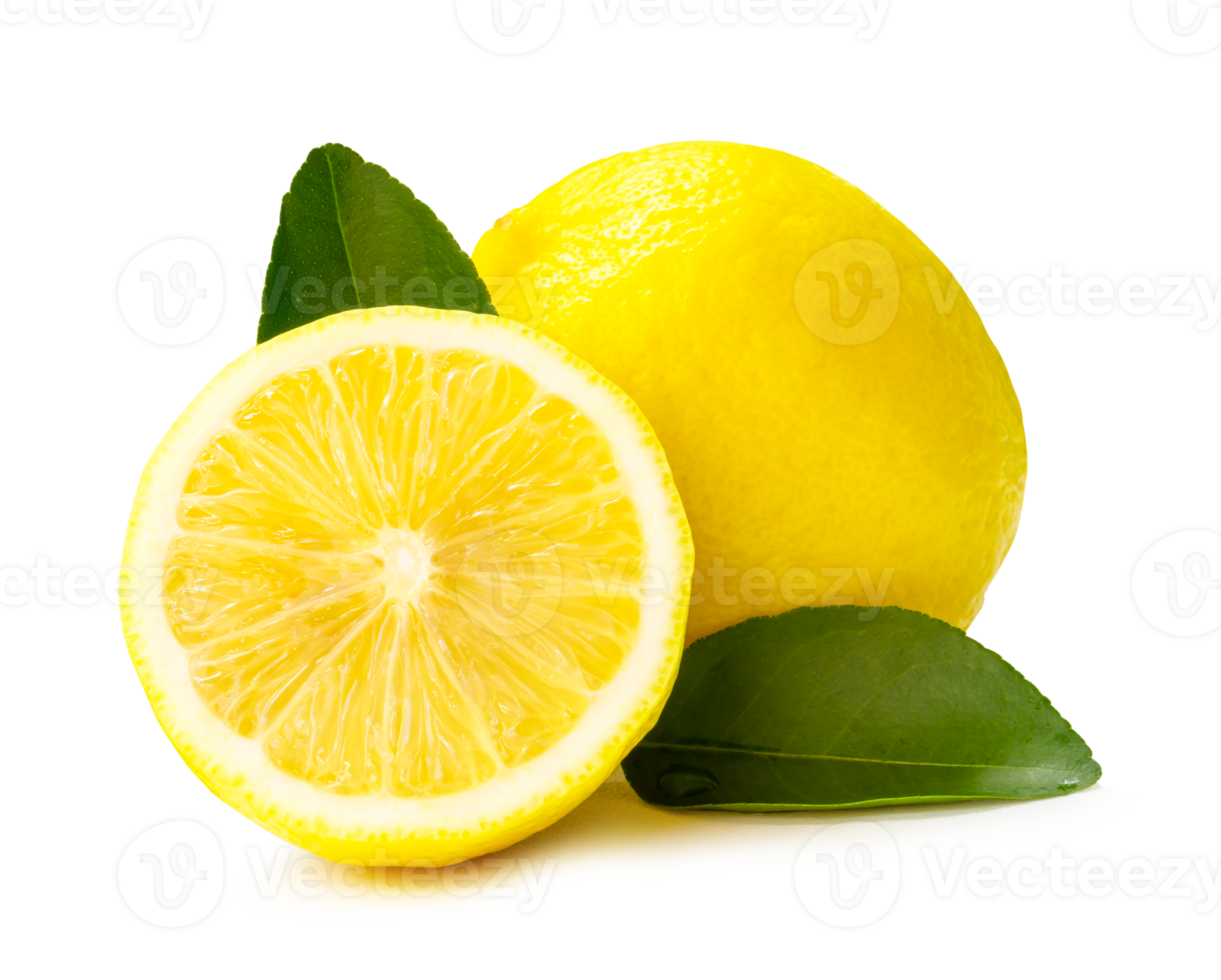 Front view and close up of fresh yellow lemon fruit with half and leaves isolated with clipping path and shadow in png file format