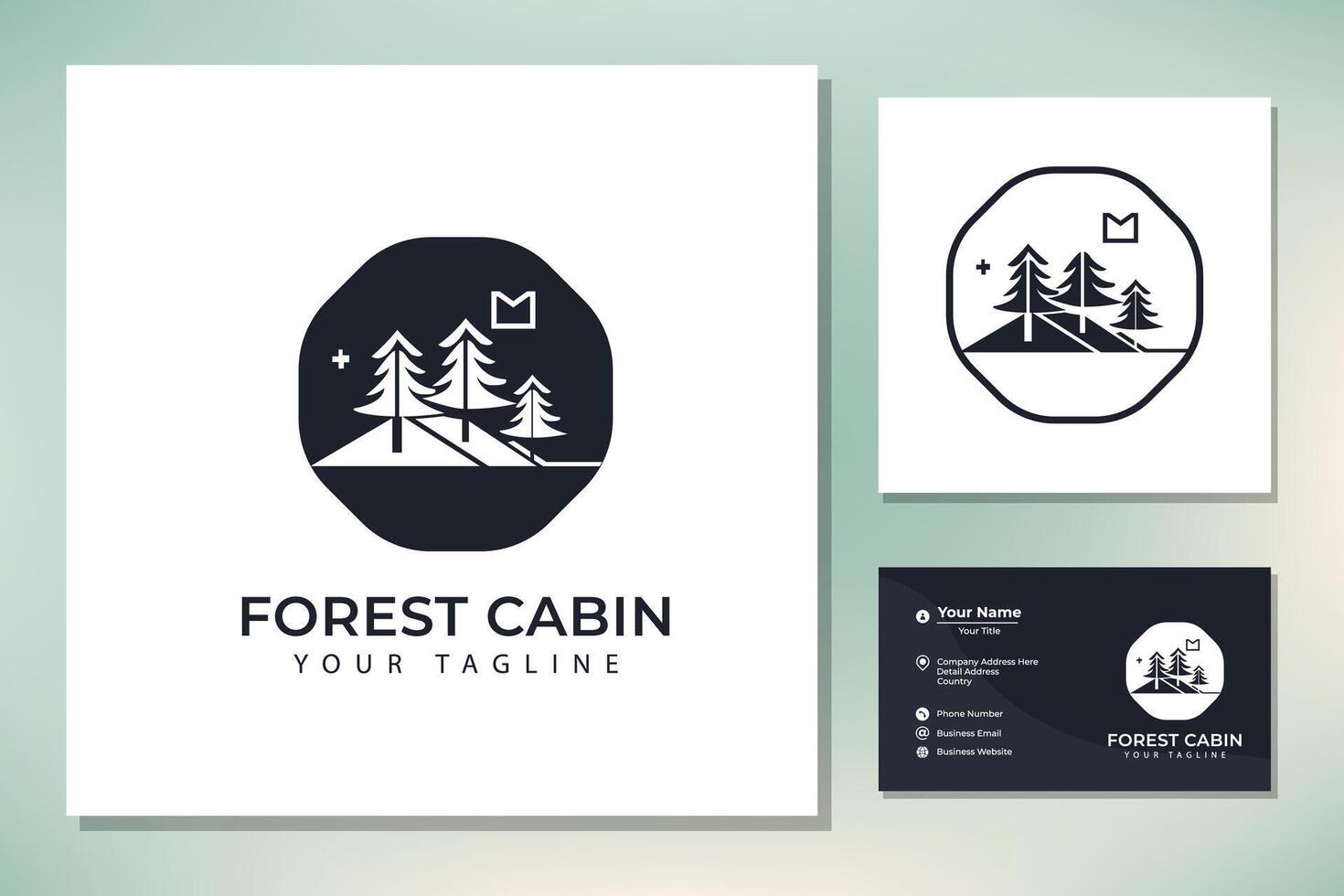 Traditional Forest Wooden House, Village Cabin Cottage with Pine Evergreen Fir Trees for Adventure Outdoor Holiday Camp logo design vector