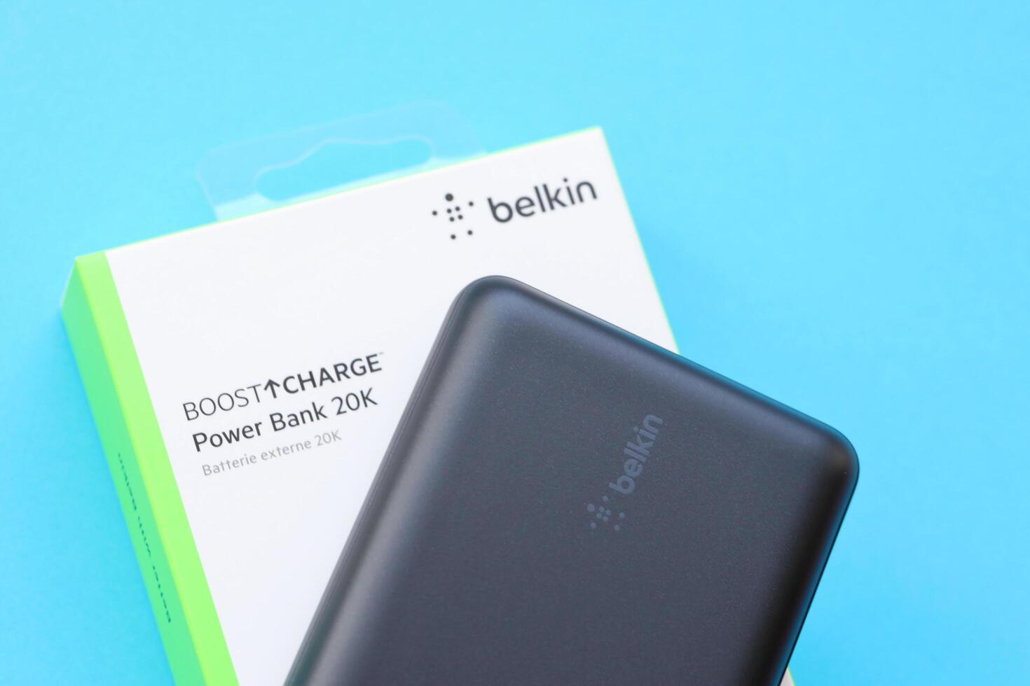 KYIV, UKRAINE - MAY 4, 2022 Portable Powerbank battery with logo of Belkin International photo