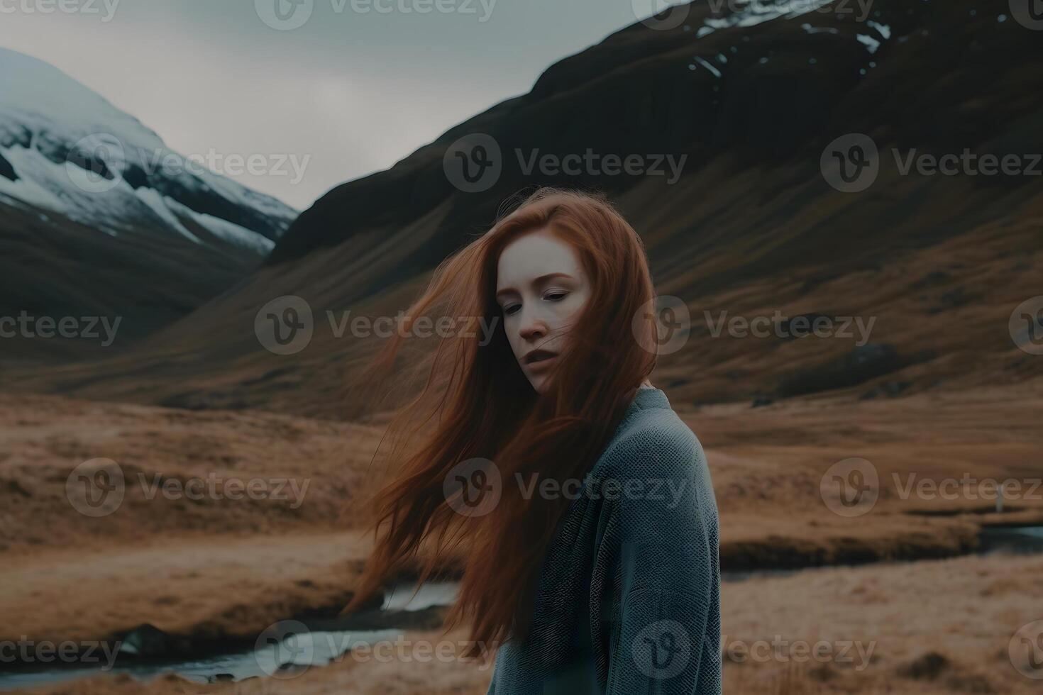 AI generated The red-haired girl travels in the mountains. Neural network AI generated photo