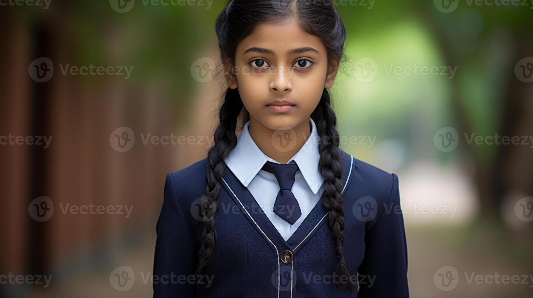 AI generated Portrait of happy indian girl with school bag standing outdoor. Neural network AI generated photo