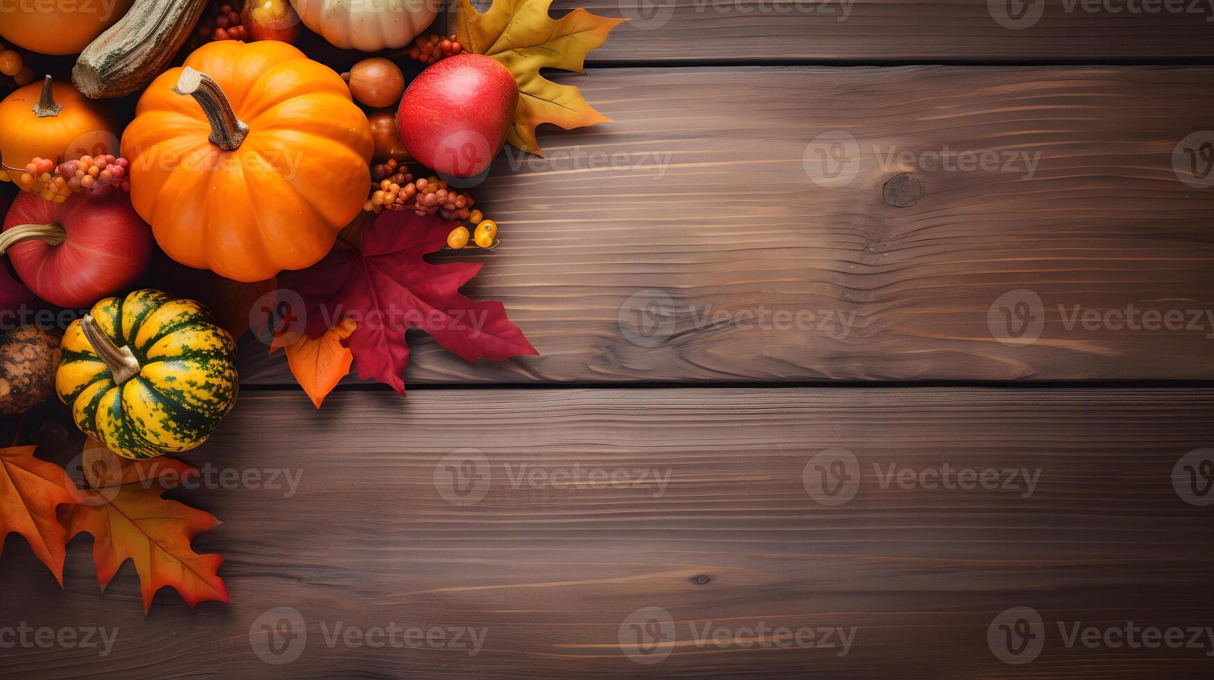 AI generated Thanksgiving background decoration from dry leaves and pumpkin on old wooden background. Neural network AI generated photo