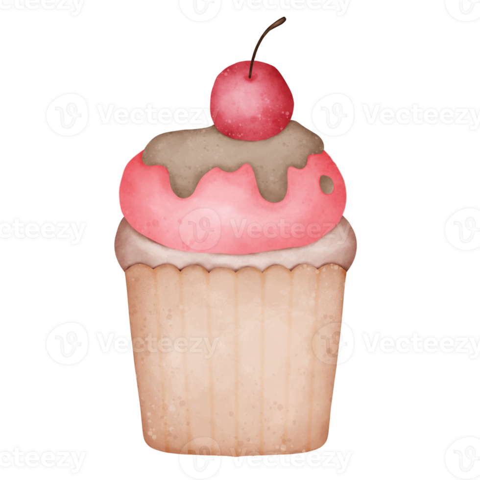 Watercolor cupcake, dessert, cherry png