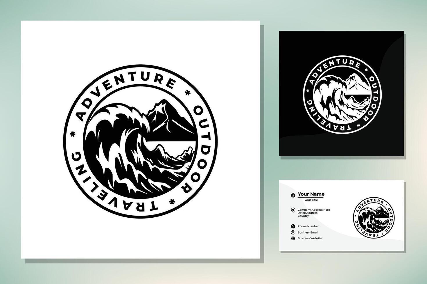 Mountain, Sea Ocean Wave and Sun for Vintage Adventure Outdoor Traveling Label Stamp logo design vector