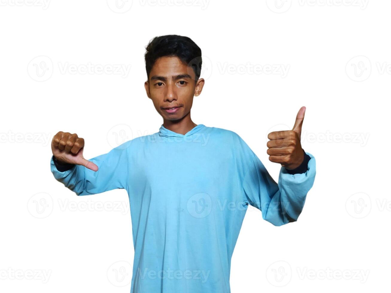 Happy smiling face of young asian man blue t-shirt white background photo