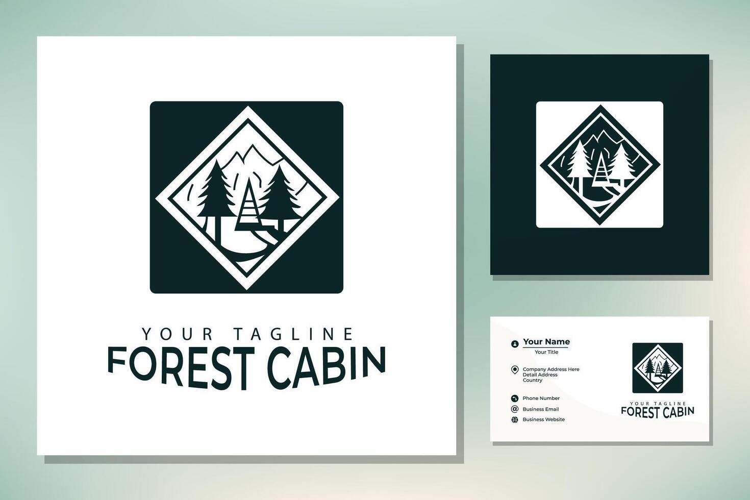 Traditional Forest Wooden House, Village Cabin Cottage with Pine Evergreen Fir Trees for Adventure Outdoor Holiday Camp logo design vector