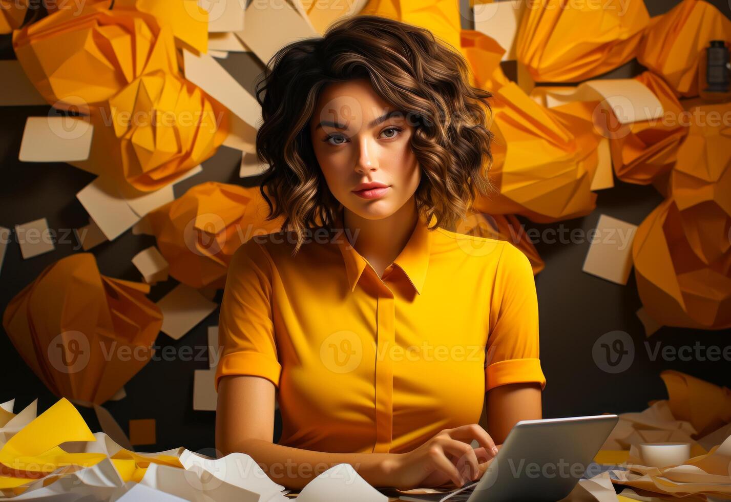 AI generated An office worker in yellow shirts. A woman sitting in front of a laptop computer photo