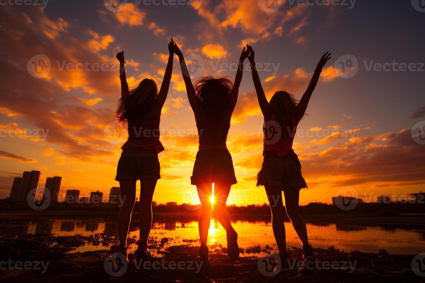 AI generated Silhouette of three friends jumping. Three women standing in front of a sunset with their arms in the air photo