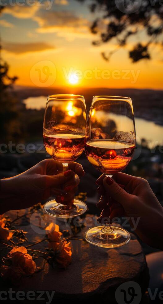 AI generated Hands with glasses of wine at sunset. Two people toasting wine glasses with the sun setting in the background photo