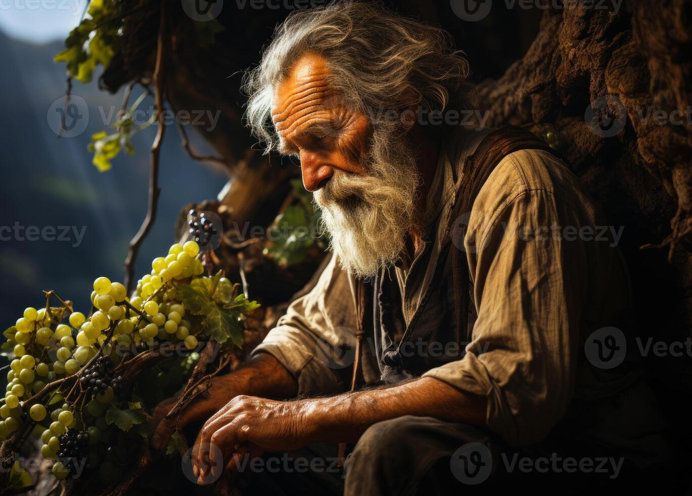 AI generated An old man is picking grapes. A man with a long beard sitting next to a bunch of grapes photo