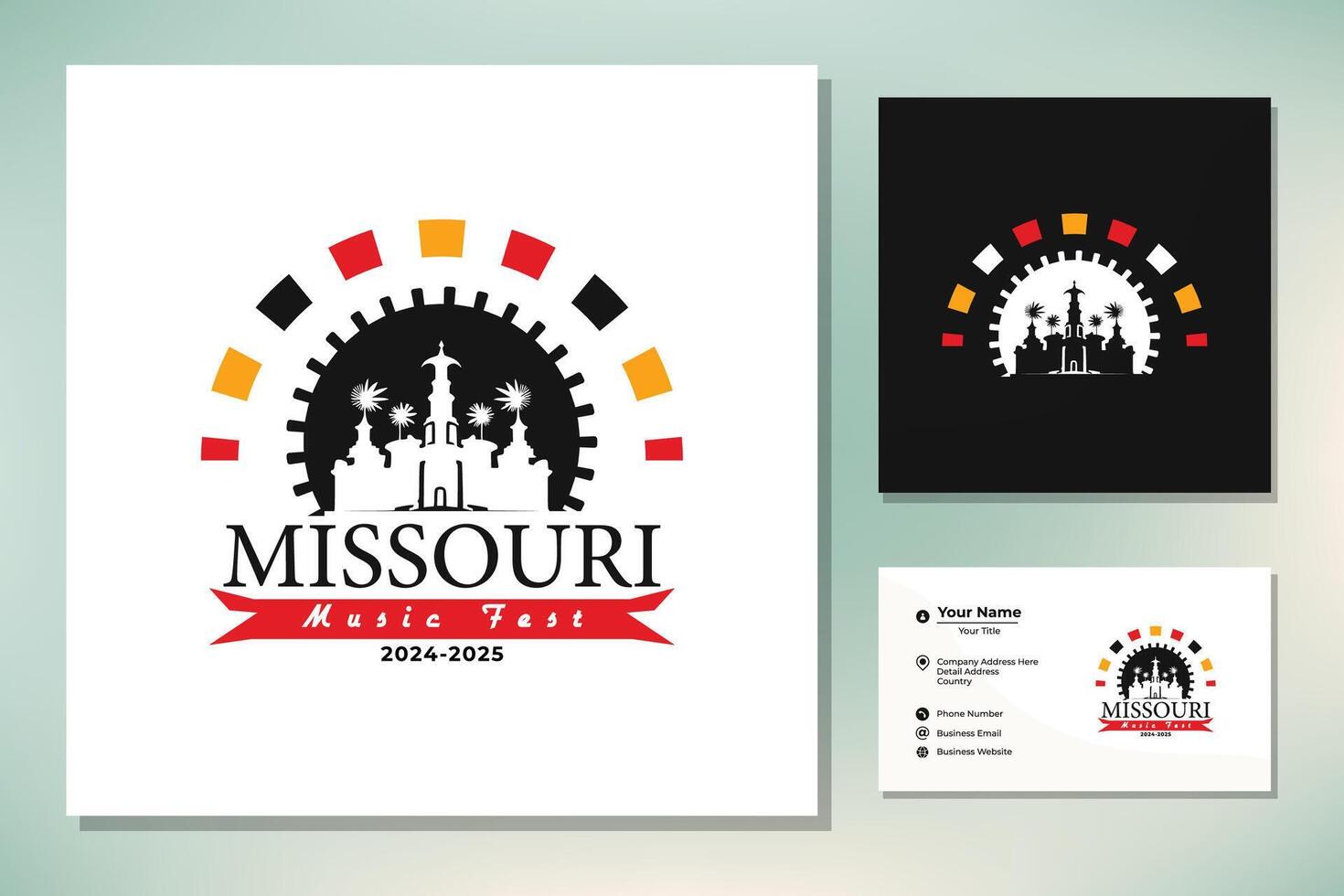 Kansas City Missouri Apartment Building Skyline with Guitar Instrument for Music Fest Festival Fiesta Logo Design vector