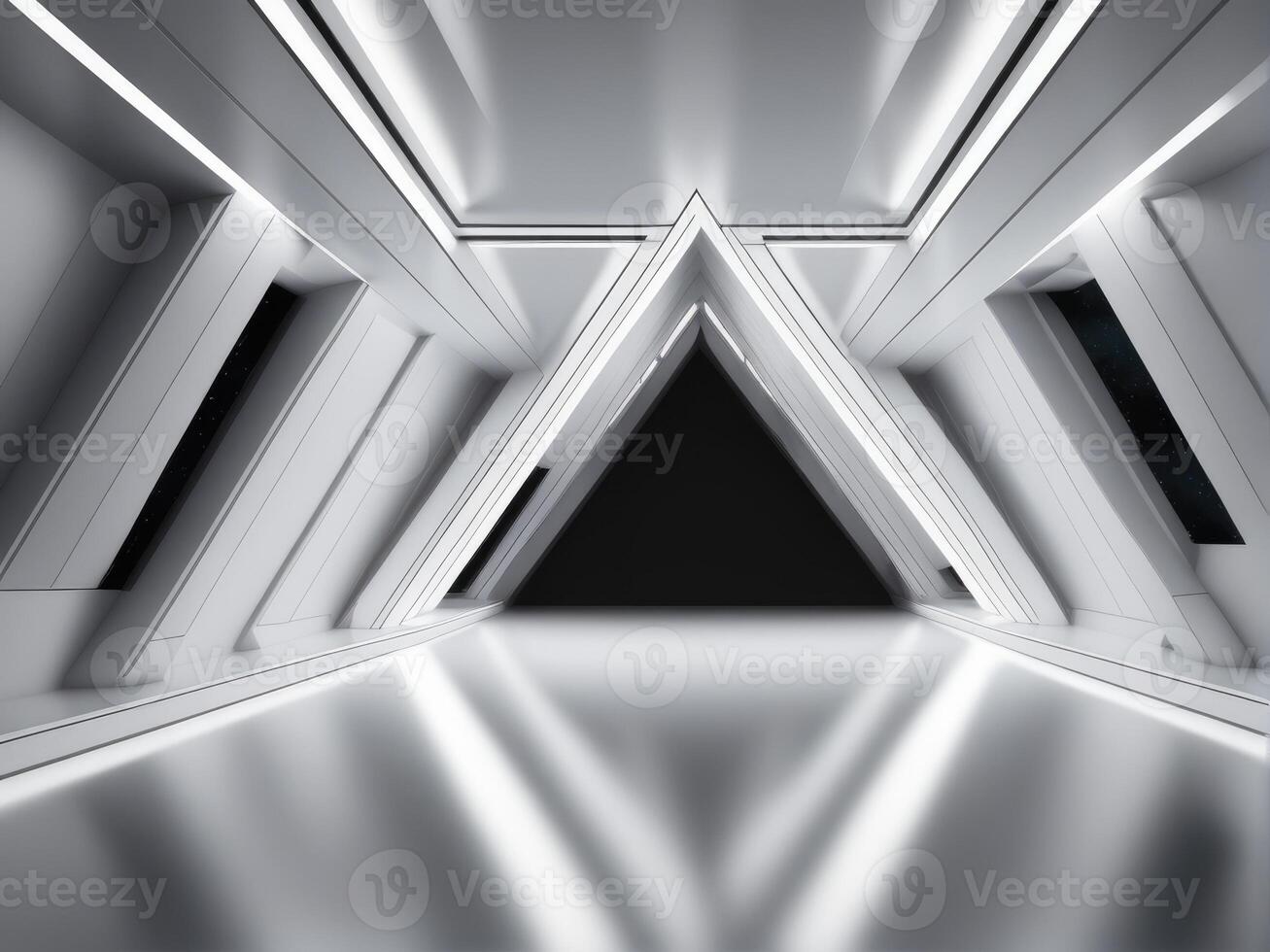 AI generated long light corridor modern white background futuristic sci fi triangle tunnel photo