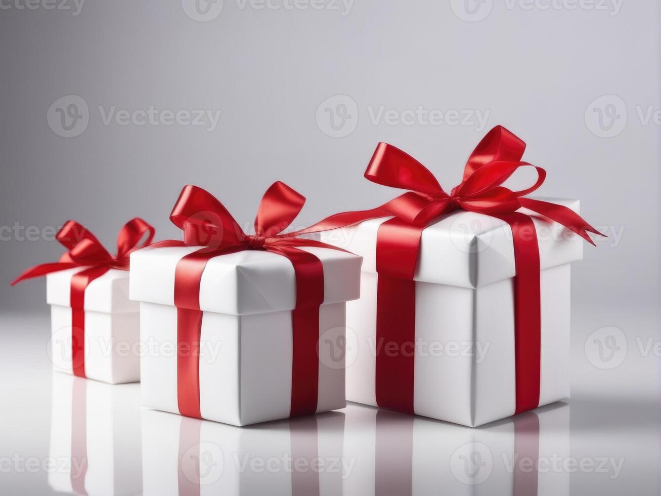 AI generated white gift with red ribbon on white photo