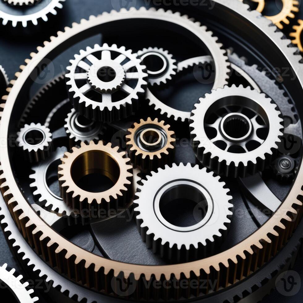AI generated photograph showcasing intricate interlocking gears in a realistic, photo