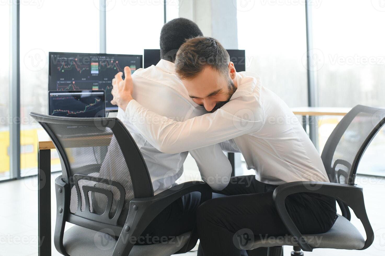 Two stock exchange traders getting profit in trading currency stock. Successful stock exchange showing financial benefit data on monitor screen at highest point of neon light at workplace. Sellable photo