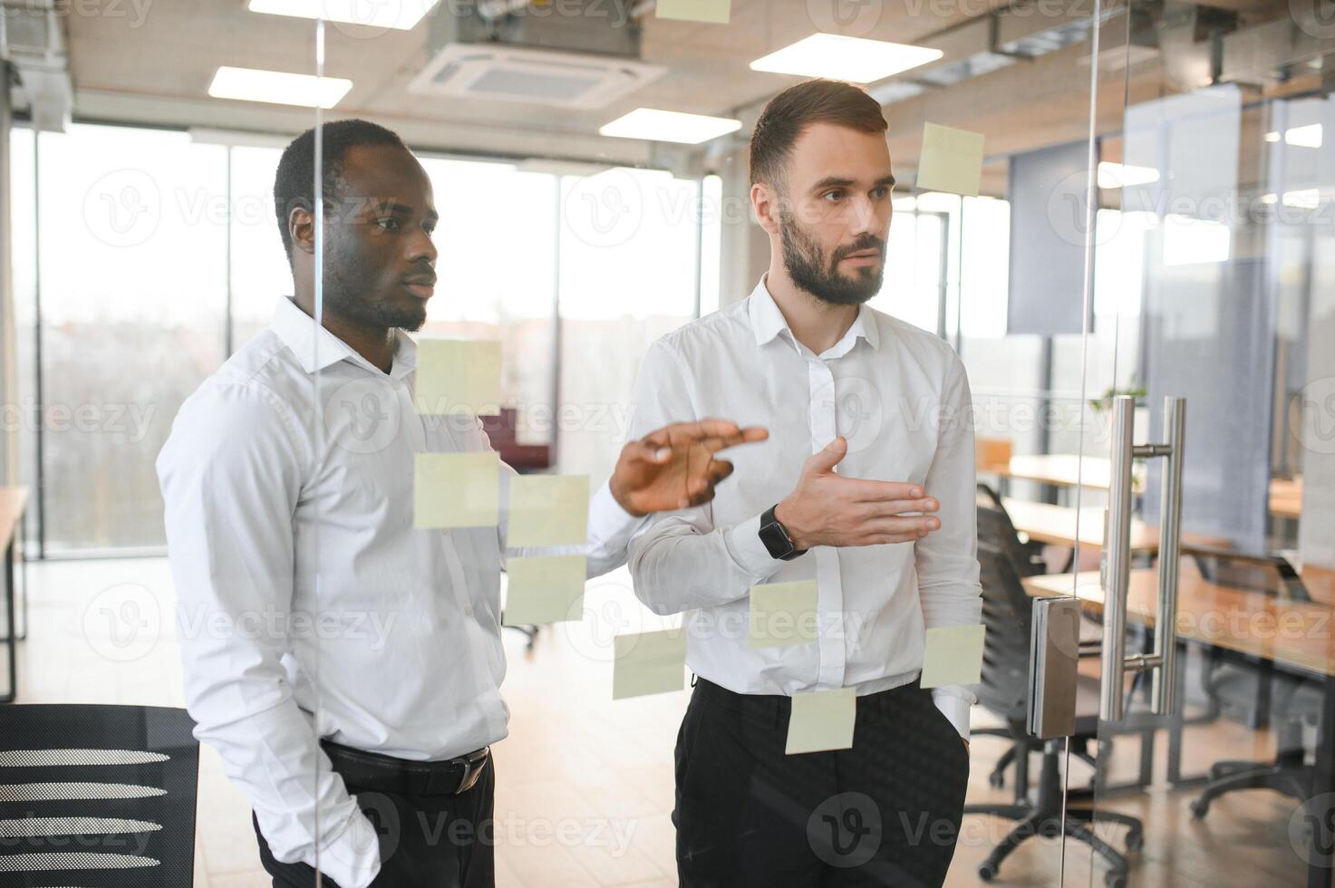 Corporate, sticky notes and business people planning a team mission, project or growth of business plan photo