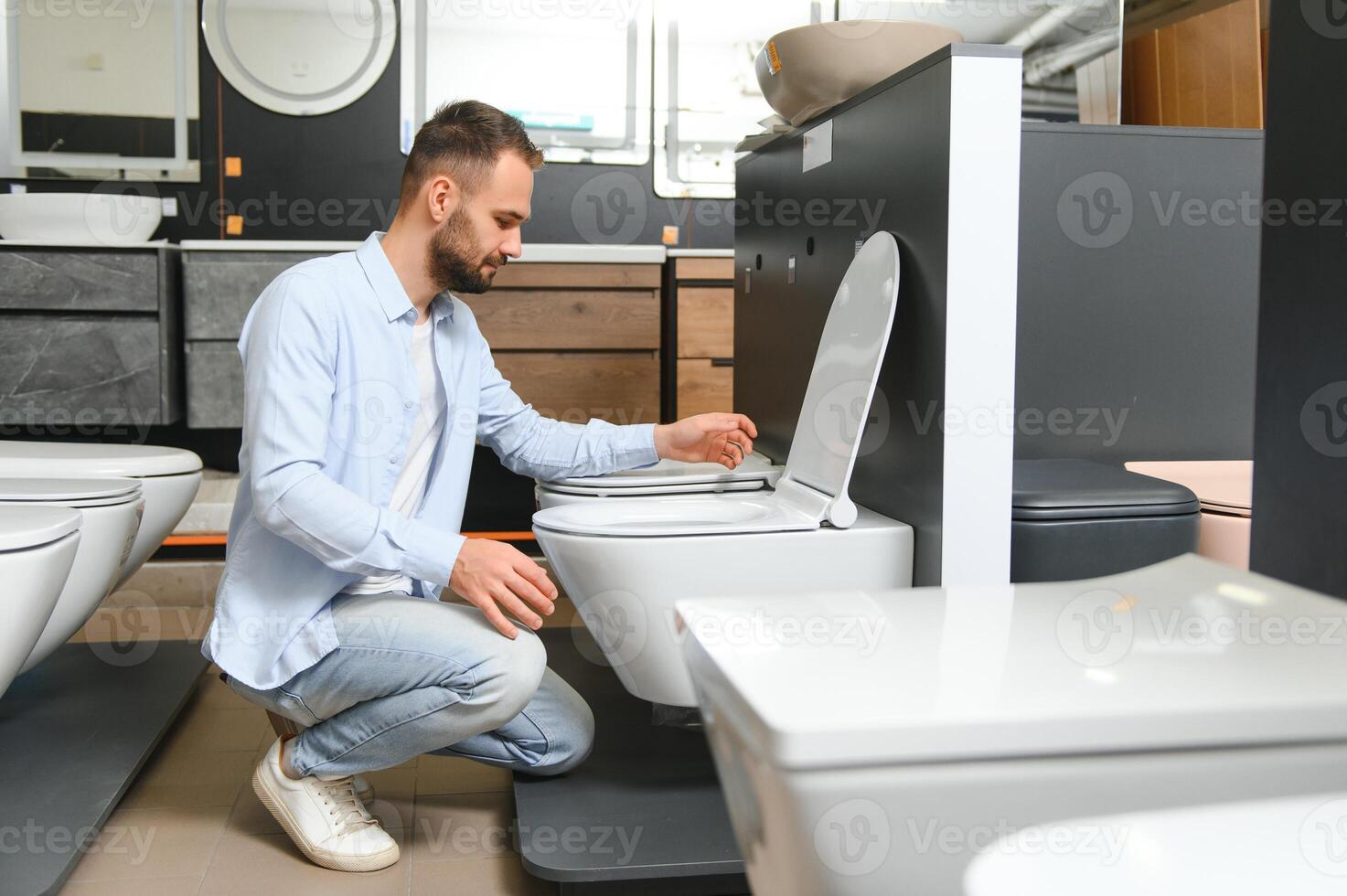 in a plumbing store, a man chooses a new toilet bowl photo