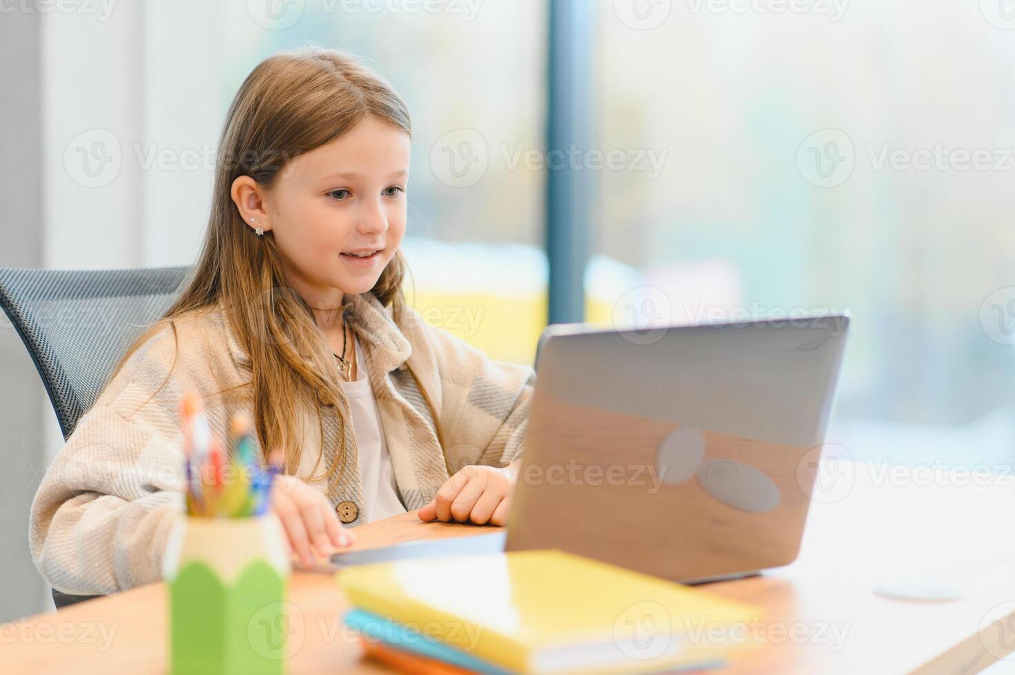 Wow, Online School. Happy Schoolgirl At Laptop Learning. Online Lesson And Educational Offer Posing At Home photo