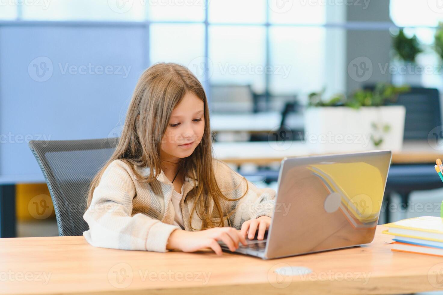 Wow, Online School. Happy Schoolgirl At Laptop Learning. Online Lesson And Educational Offer Posing At Home photo