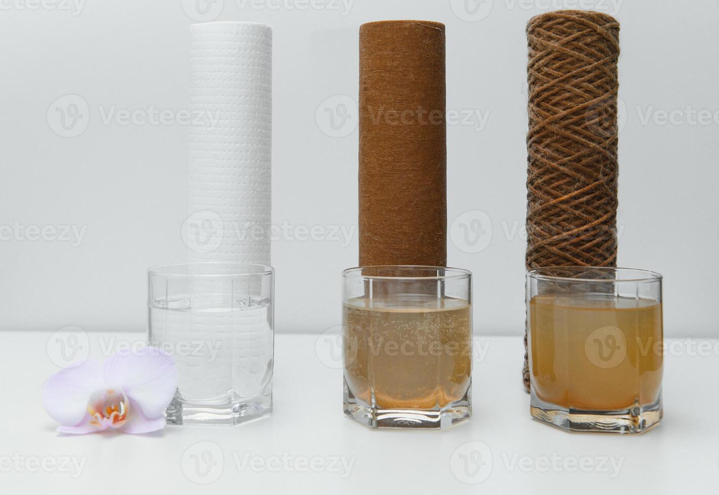 Water filters. Concept of three glasses on a white background. Household filtration system. photo