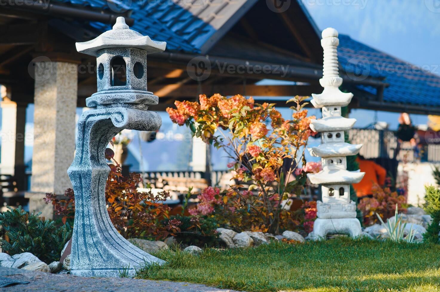 Fountain in the park garden. Water flows from the fountain. photo