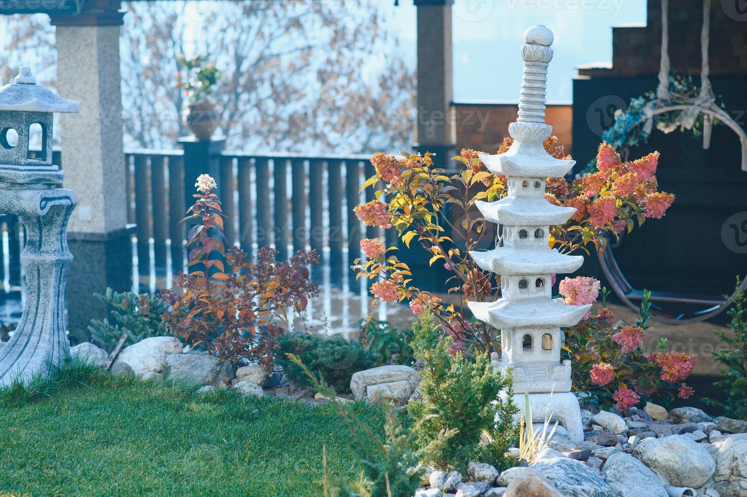 Backyard Garden Modern Design Landscaping. Landscaped Back Yard. Decorative Garden With Pathway Or Walkway From Stone And Rocks Or Gravel. Back Yard Or Park Lawn With Stony Natural landscaping. photo