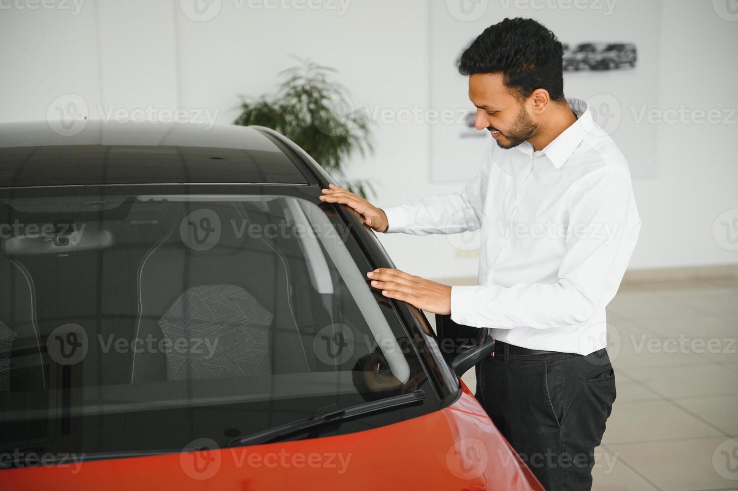 happy indian man buy new biodiesel eco automobile in lux showroom. photo