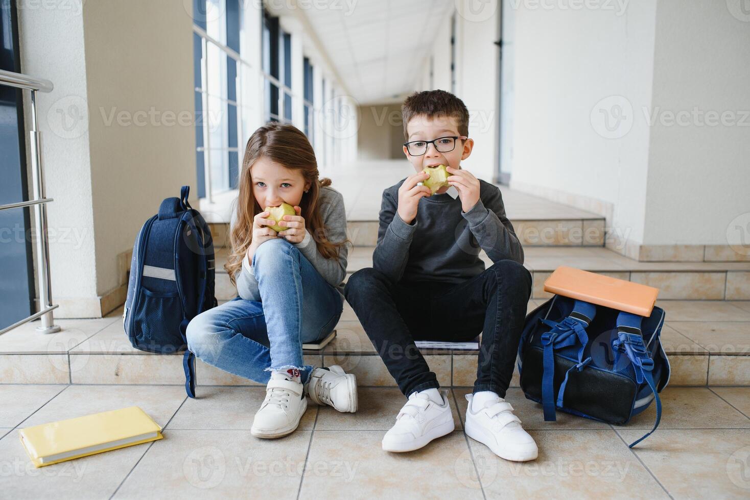 Education is power when selecting food for health. Happy kids take snack break. Nutrition and health education. Healthy eating. Formal education. Private teaching. Education and study. photo