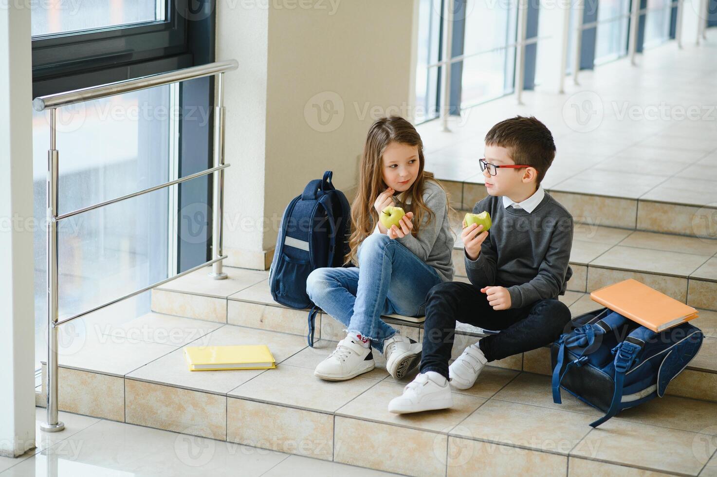 Education is power when selecting food for health. Happy kids take snack break. Nutrition and health education. Healthy eating. Formal education. Private teaching. Education and study photo