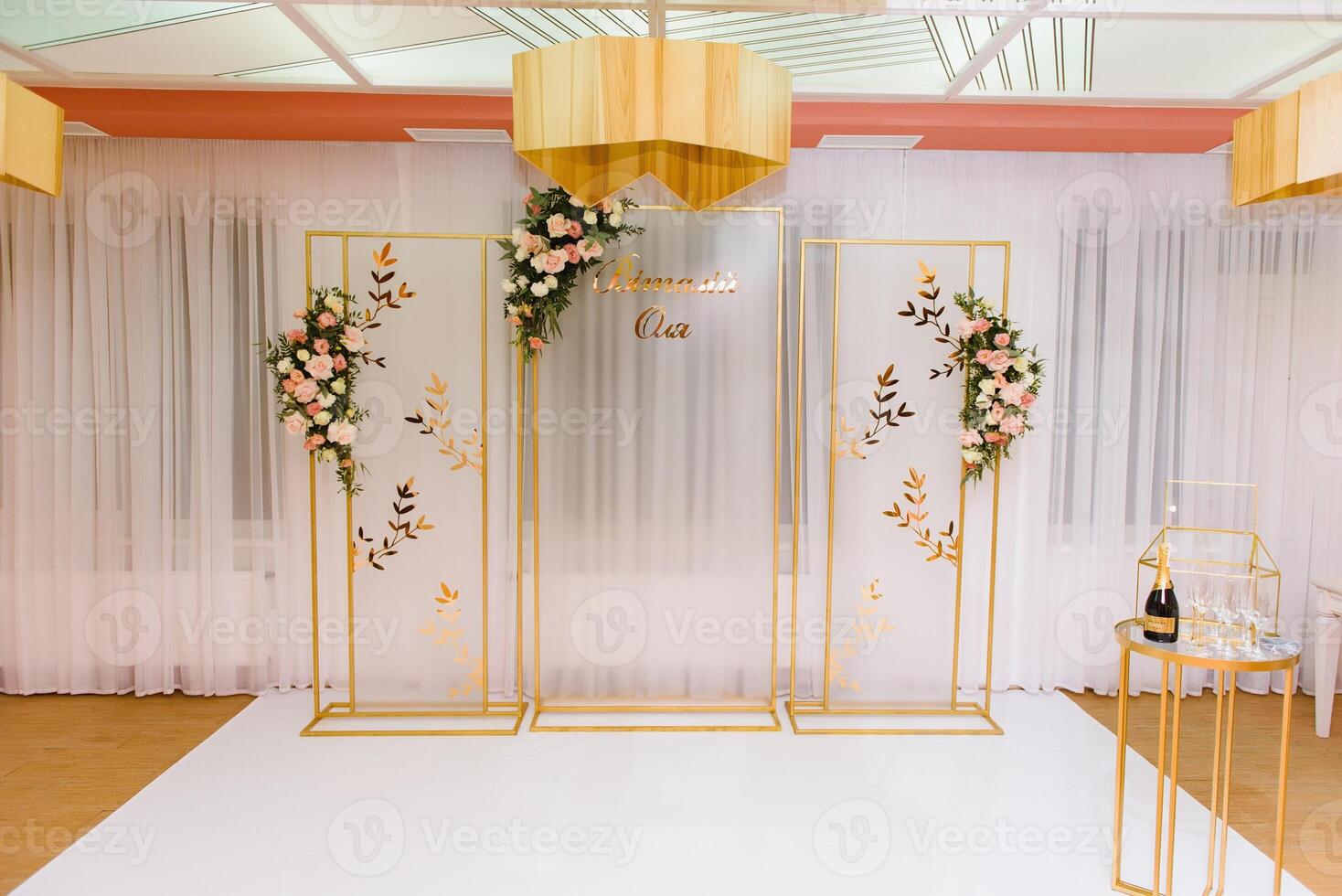 wonderful wedding ceremony. trendy wedding arch made according to modern fashion. wedding decorations photo
