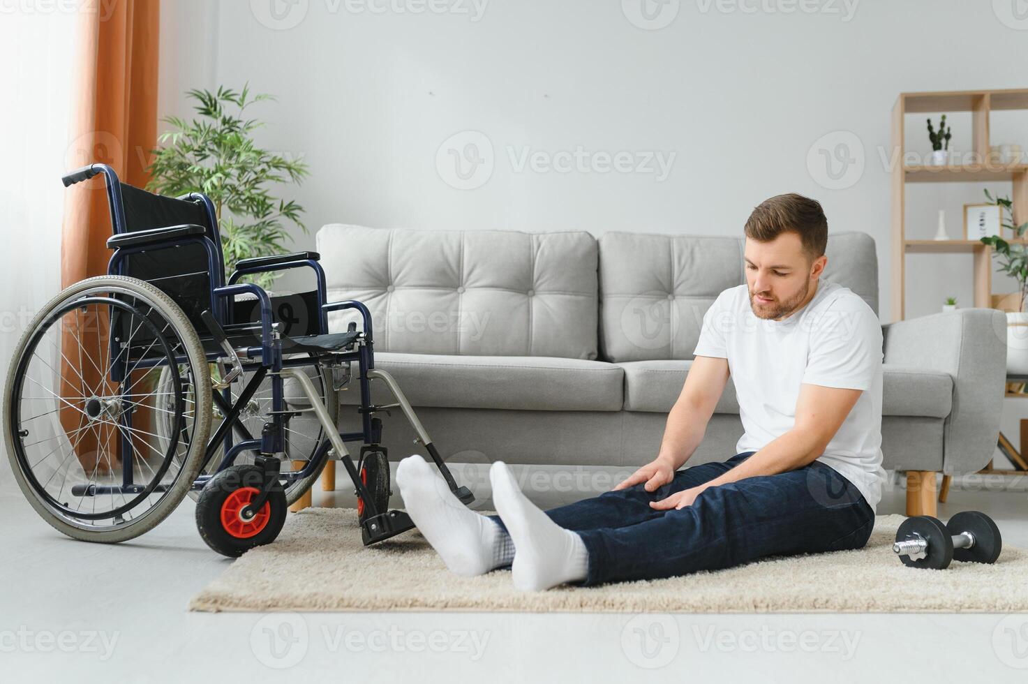 Disabled sportsman doing stretching and exercises on wheelchair background. Life of a disabled person photo