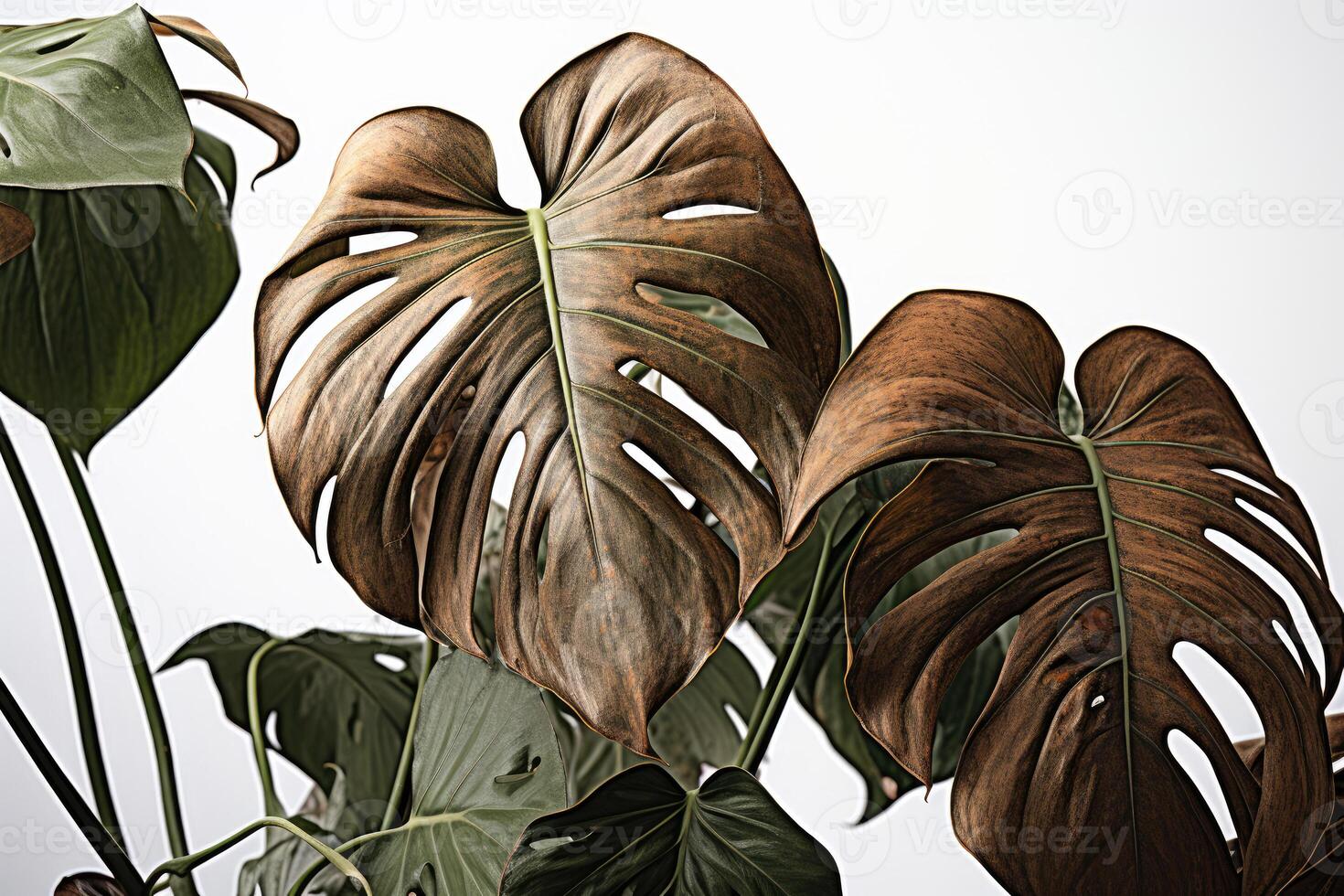 AI generated Withered monstera leaves, neglected ornamental plants, home plants, improper care photo