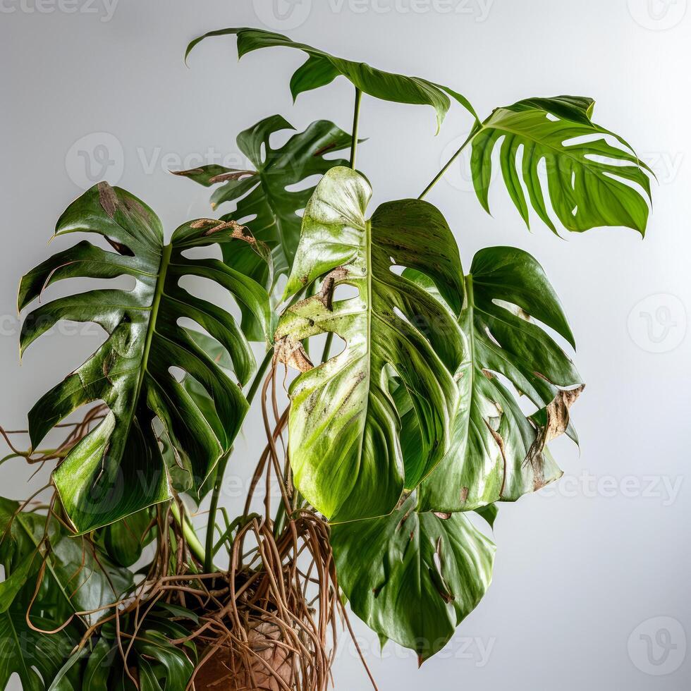 ai generado marchito monstera hojas, descuidado ornamental plantas, hogar plantas, incorrecto cuidado foto