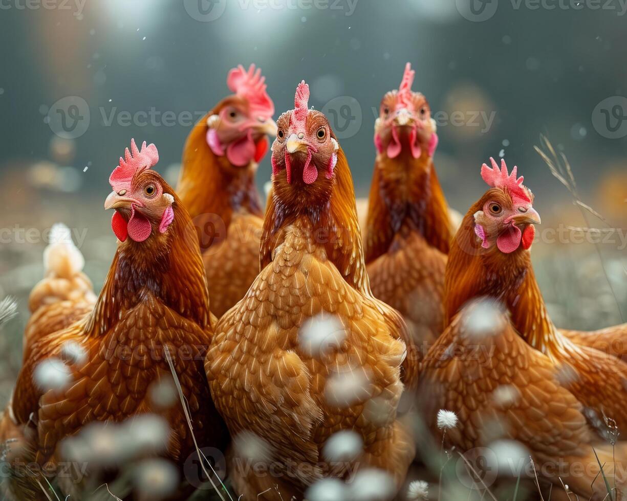 AI generated Group of chickens standing on a field. A flock of chickens stand closely together in a neat line formation, showcasing their unity and social behavior. photo