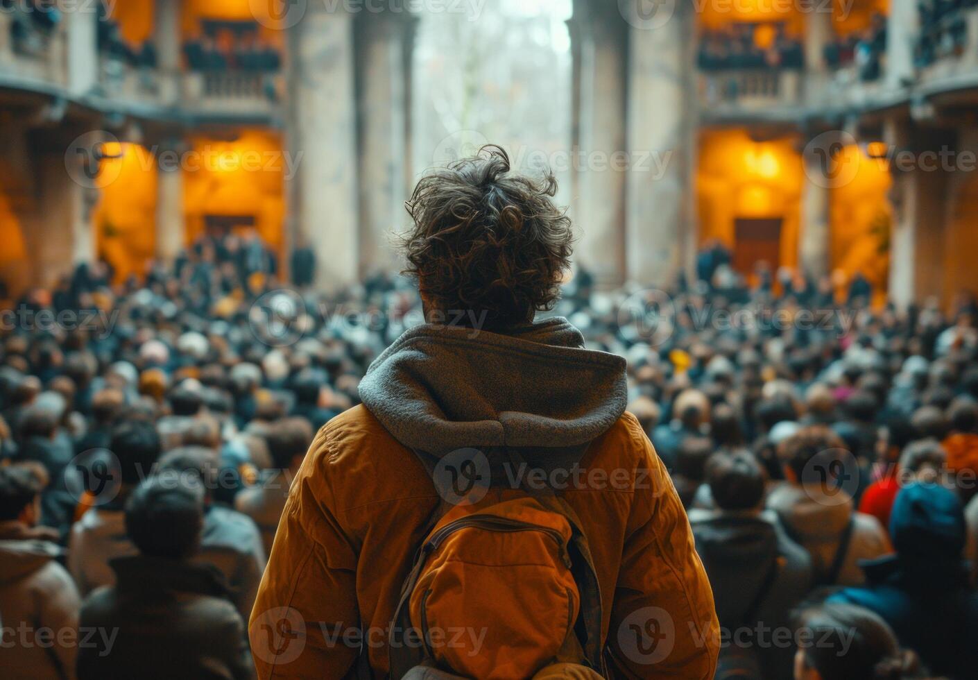 ai generado un empleado es presentación a un habitación lleno de gente. un persona vistiendo un mochila soportes en frente de un multitud de individuos foto