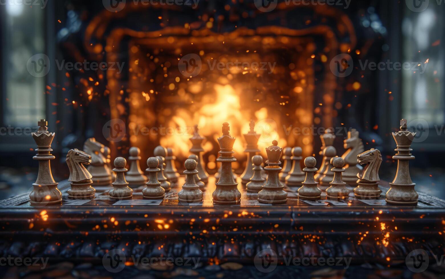 AI generated Chess game on a desk. A set of chess pieces placed on a table, ready for a game of strategic thinking and mental challenge. photo