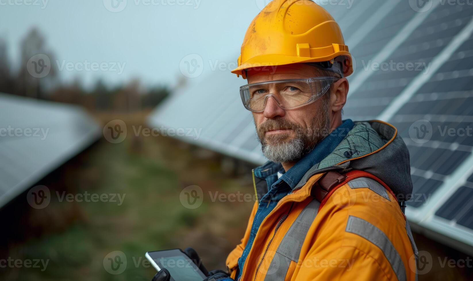 AI generated Engineer holding a tablet in front of solar. A man in safety gear, including a hard hat, standing on a construction site. photo