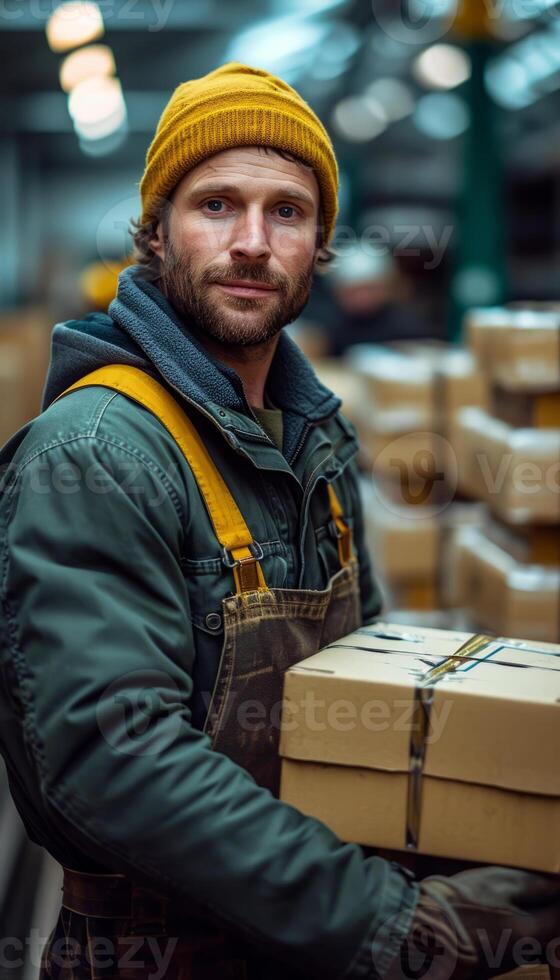 AI generated Man Holding Box in Warehouse, Worker Handling Inventory Logistics and Shipping Supplies photo