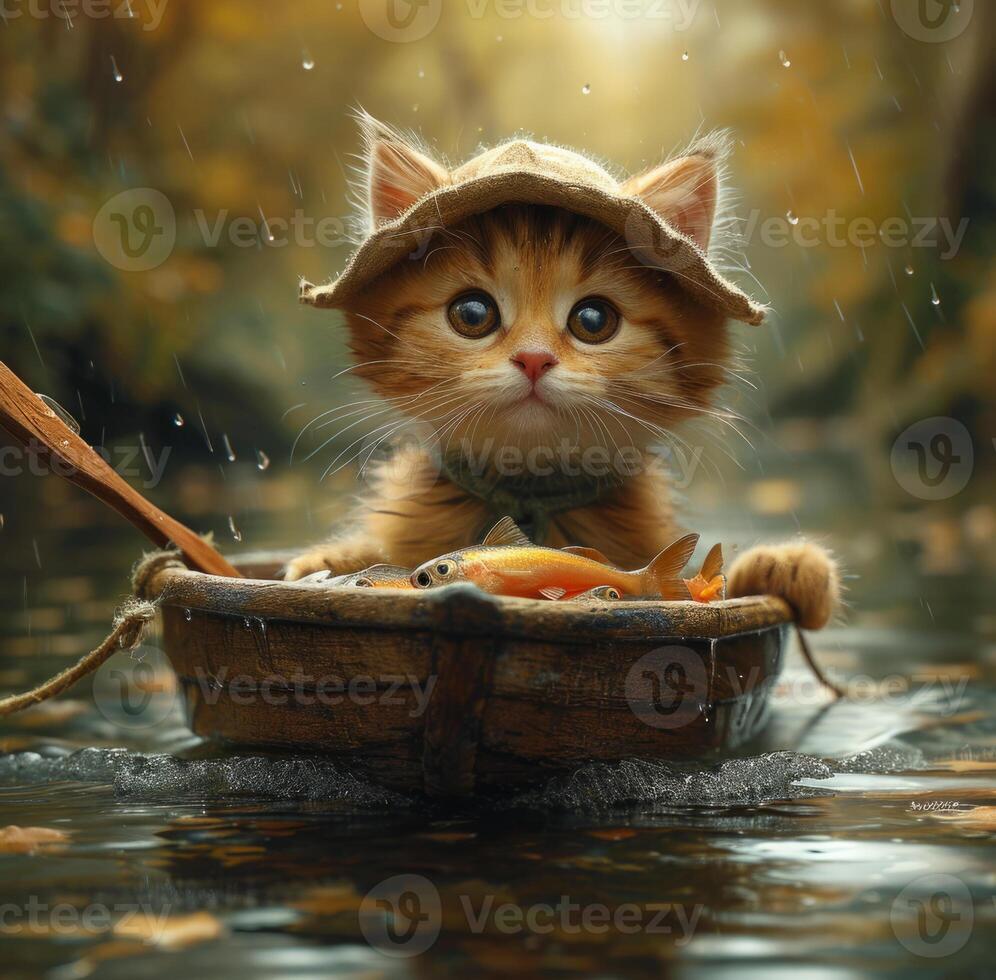 AI generated A small cat carries the boat of fish towards the rive. A playful and adorable kitten sits calmly in a boat floating on the water, exploring its surroundings. photo