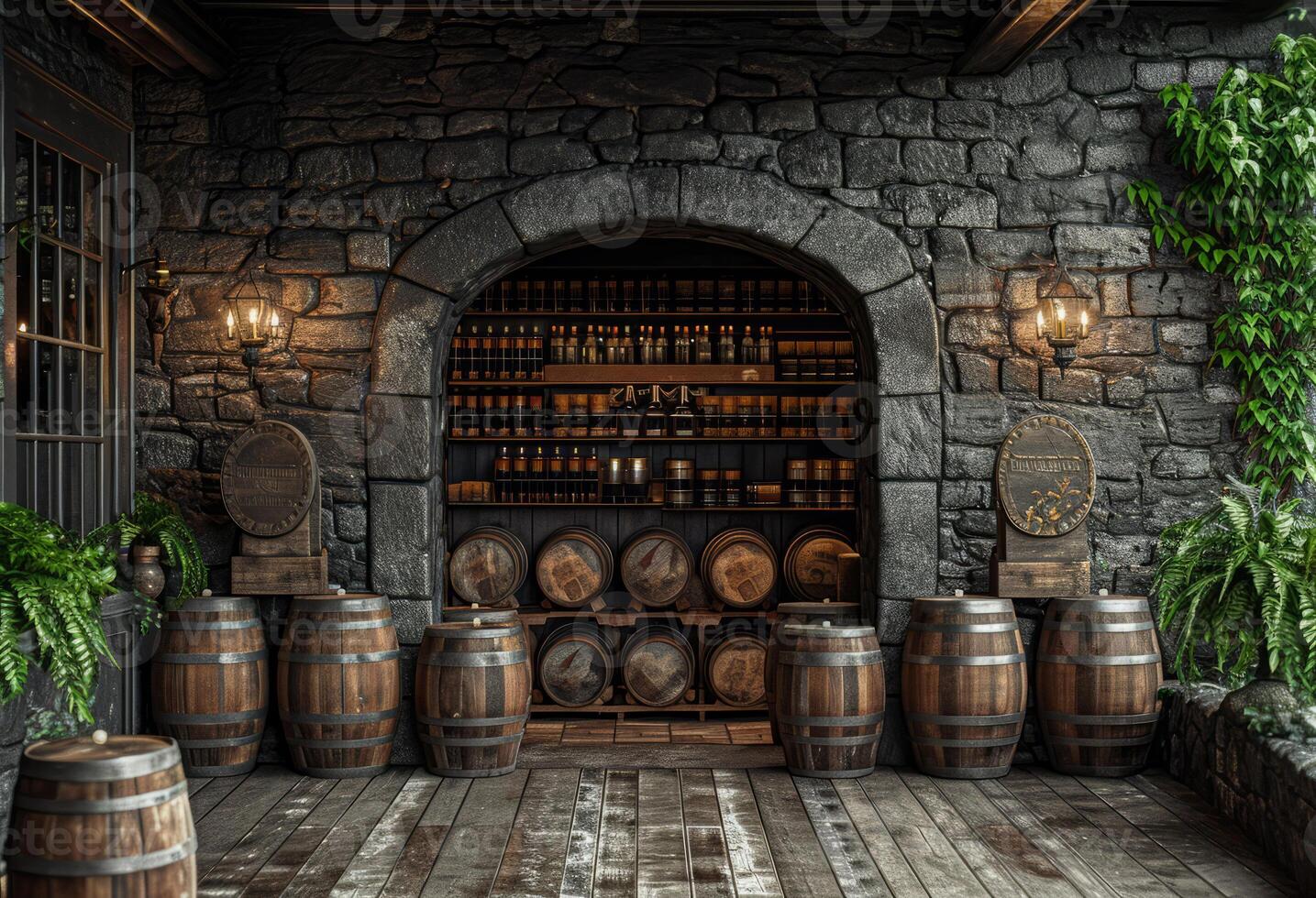 AI generated Wine Cellar With Barrels - Traditional Storage Room for Aging Wine. photo