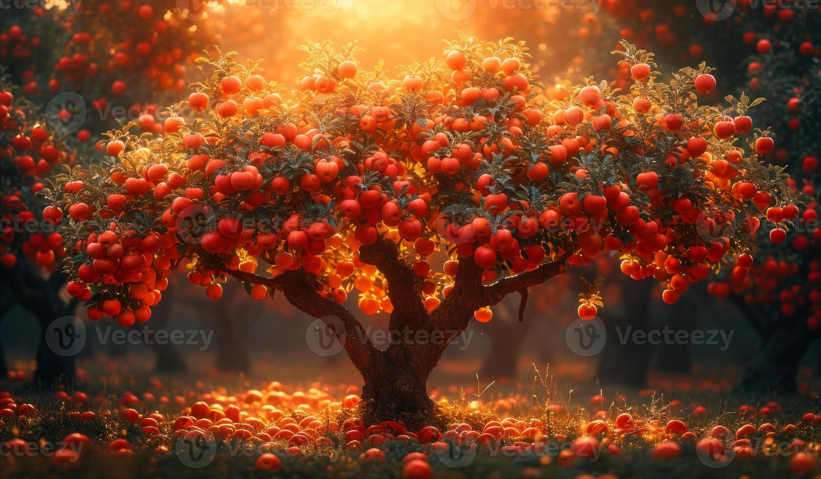 ai generado caqui árbol con maduro frutas en césped en huerta a puesta de sol. grande manzana árbol con un lote de maduro manzana foto